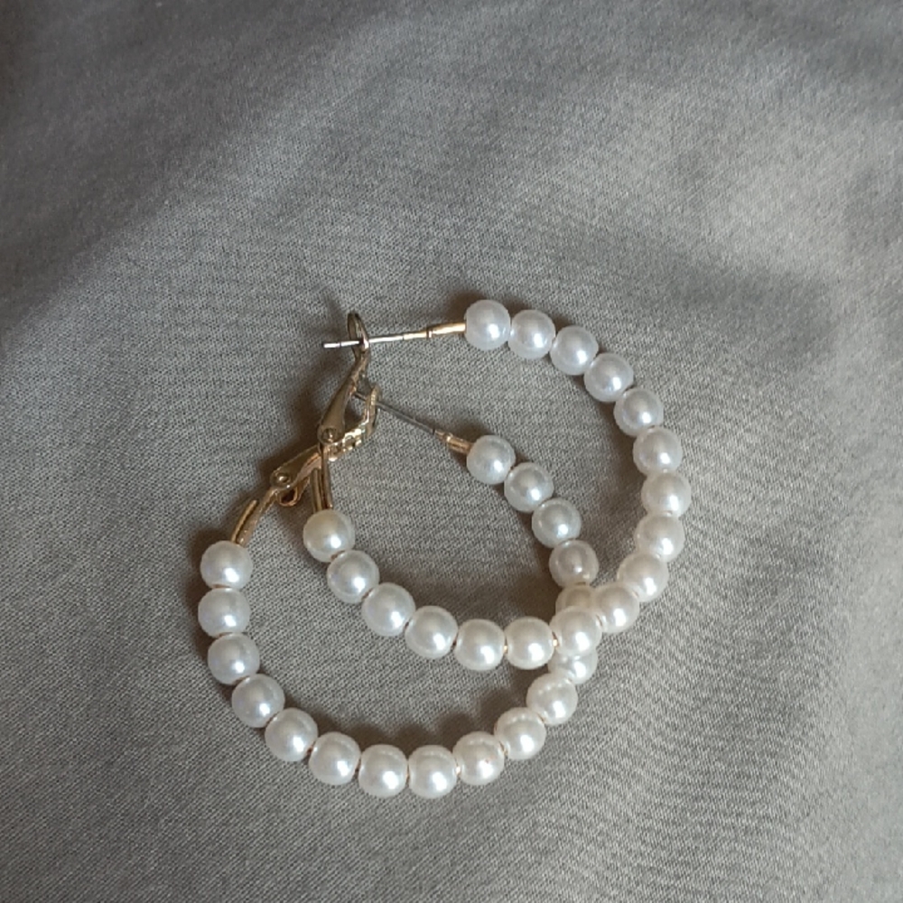Classic White Pearl Hoop Earrings with Gold Accents